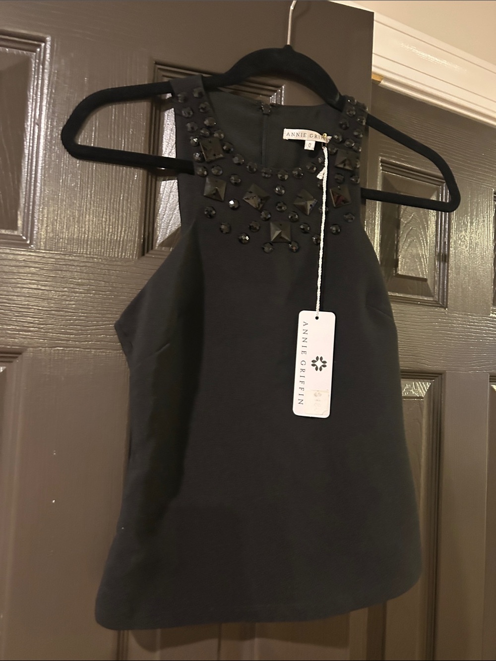 Annie Griffin Black Jeweled High-Neck Sleeveless Top
